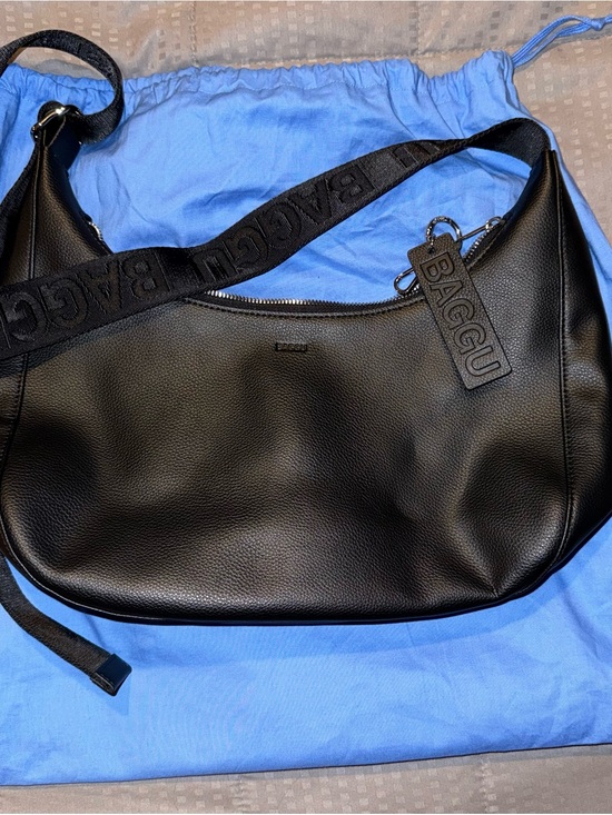 BAGGU Handbags - BAGGU Black Leather Shoulder Bag with Logo Strap Recycled Leather Crescent
